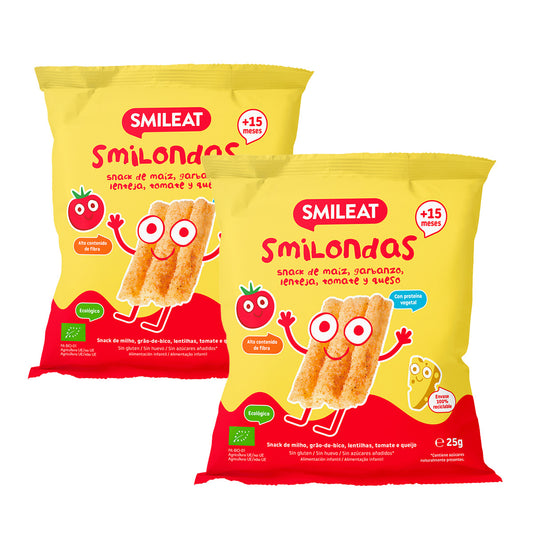 Embalagem de 2 Salgadinhos Smilondas com Milho, Grão de Bico, Lentilha, Tomate e Queijo Biológico, Smileat, 25 g