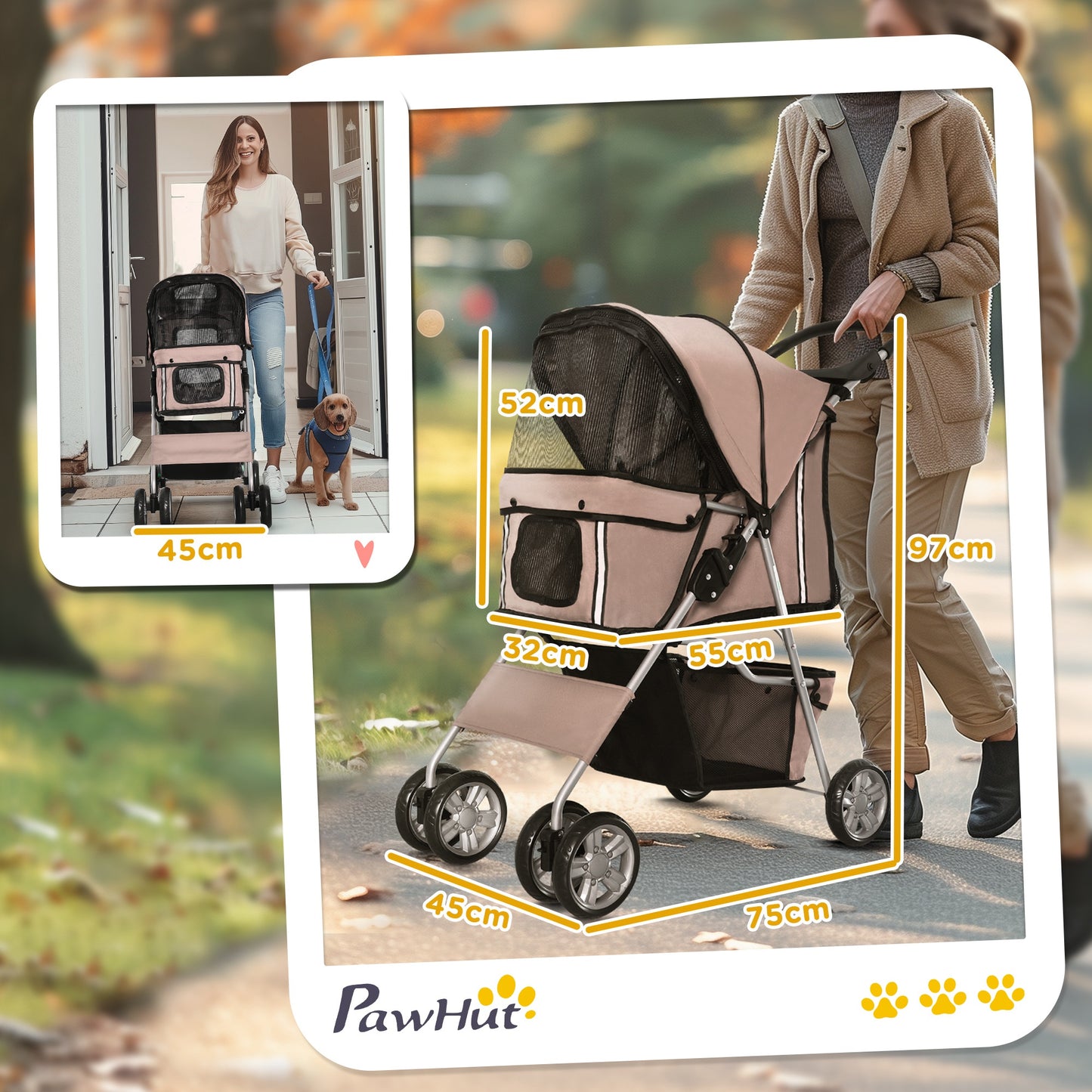 Pawhut Carrito Para Perros Plegable Con Toldo Ajustable 75x45x97 Cm Café_2