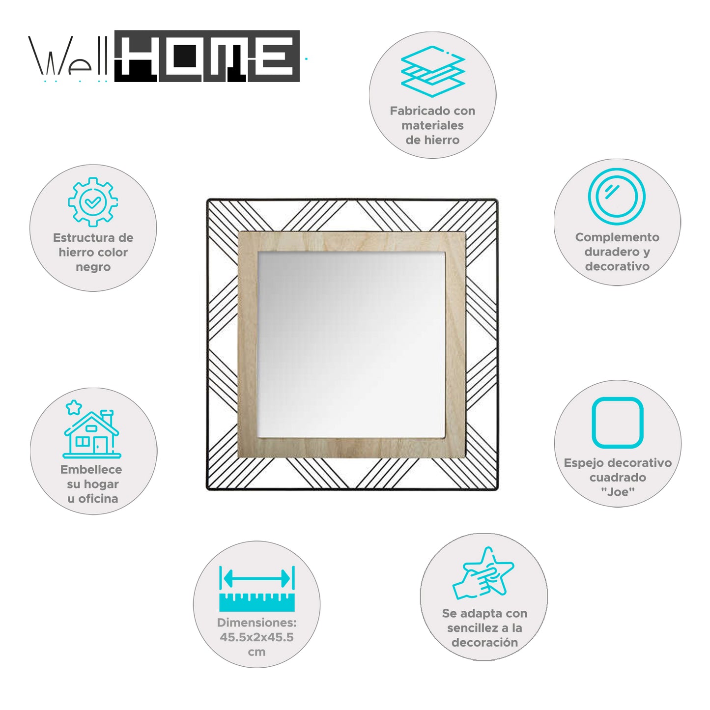 Wellhome Espejo Cuadrado Metal Y Madera 45,5x2x45,5cm_1