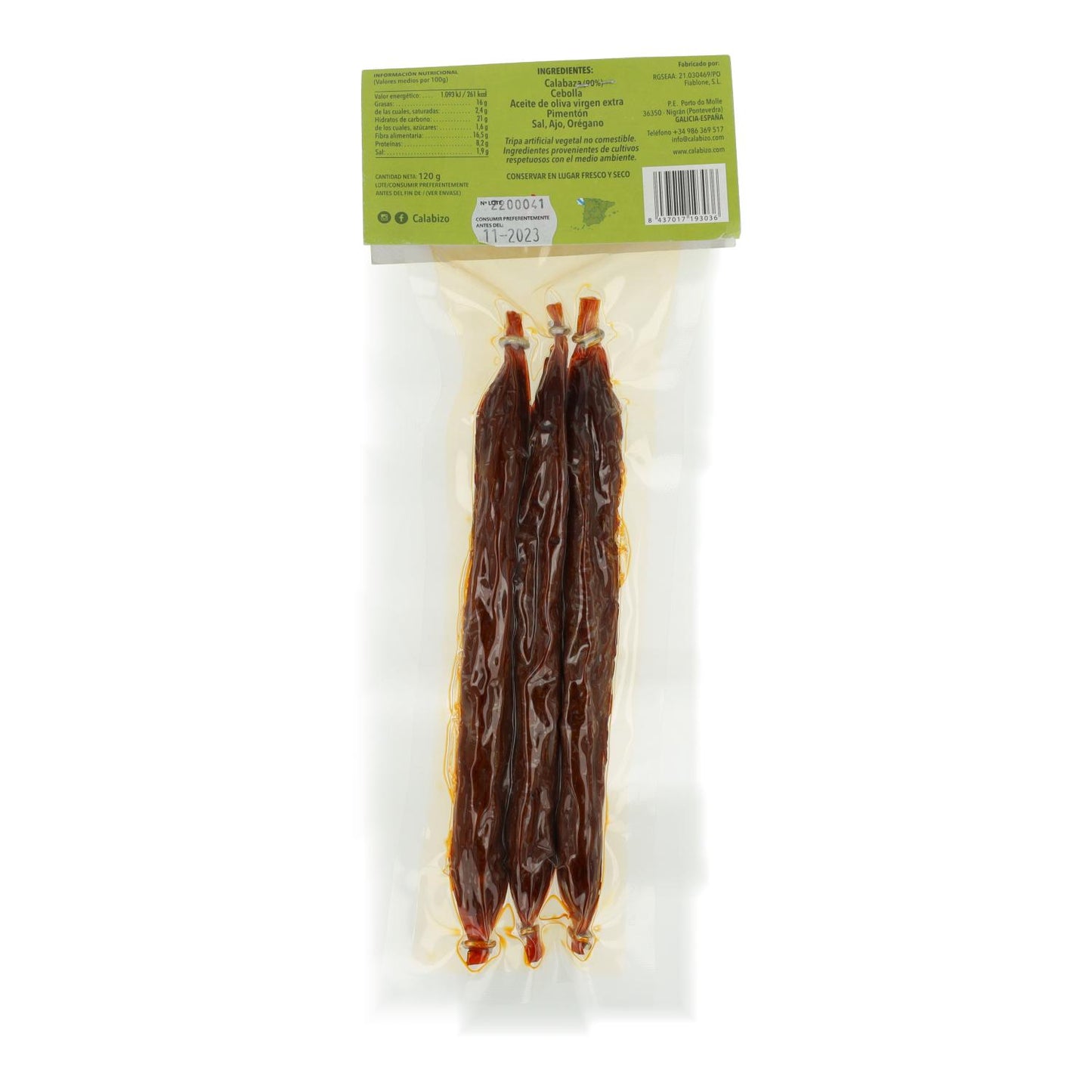 Calabizo Abóbora Doce Chouriço Vegan Embalagem com 3 unidades 120 gr