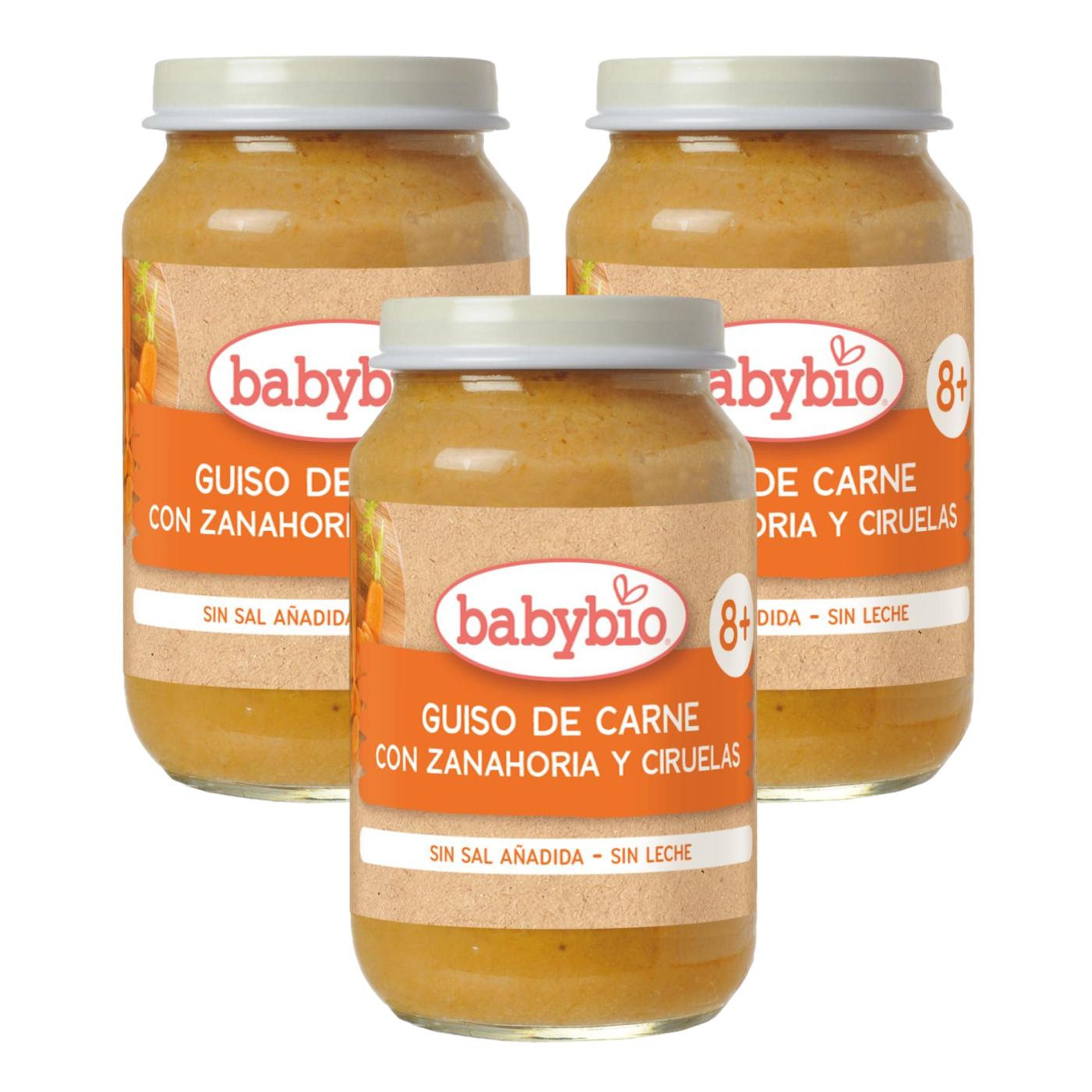 Embalagem de 3 unidades de ensopado de carne Babybio com cenoura e ameixa, 200 g