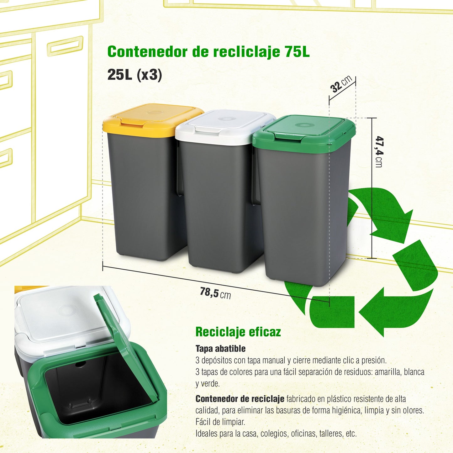 Papelera Reciclaje 3 Compartimentos, 75 Litros, Dimensiones: 78,5 (ancho) X 33 (profundo) X 47,5 (alto) Cmplástico - Multicolor_3
