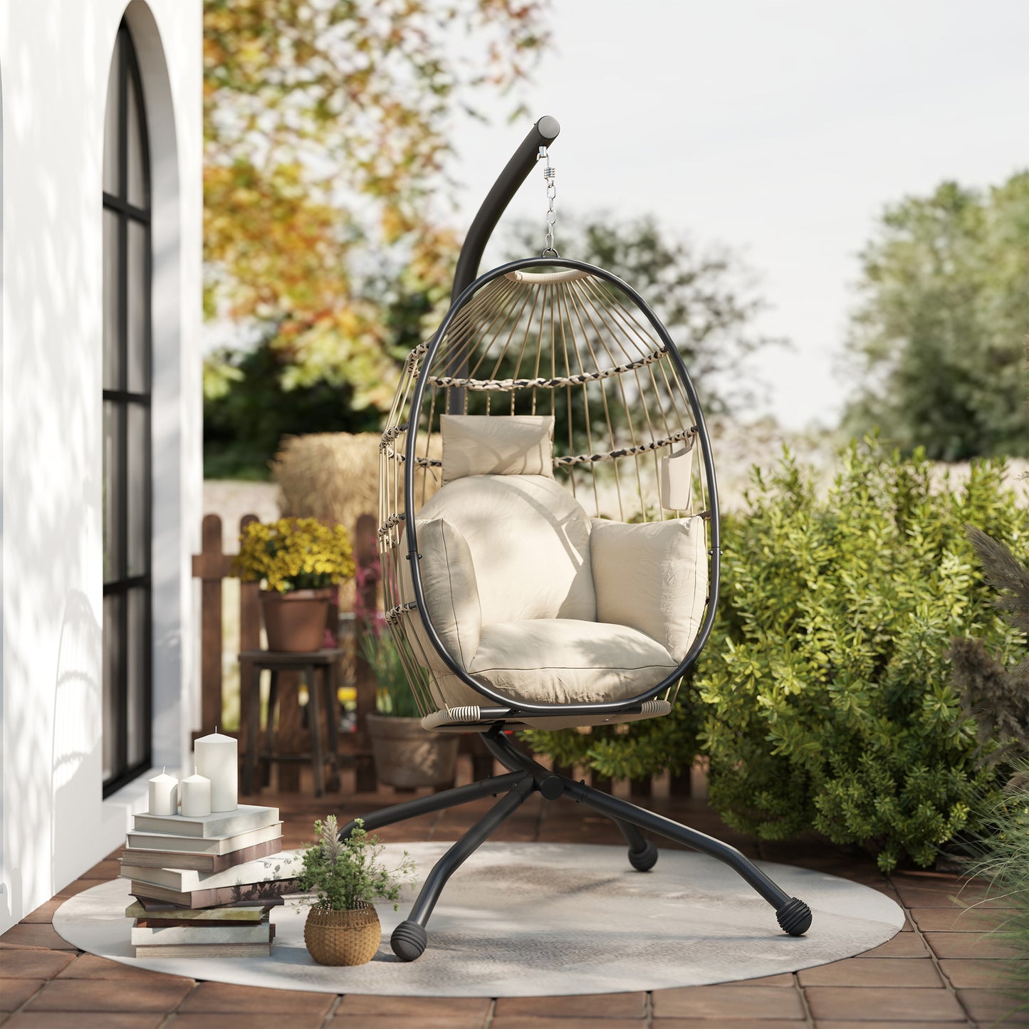 Outsunny Silla Colgante Huevo Con Soporte Cesta Plegable Cojín Carga 120kg Caqui_4