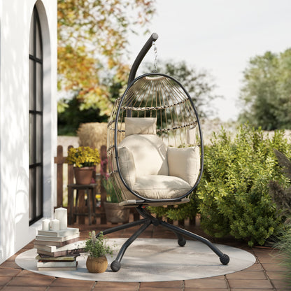 Outsunny Silla Colgante Huevo Con Soporte Cesta Plegable Cojín Carga 120kg Caqui_4