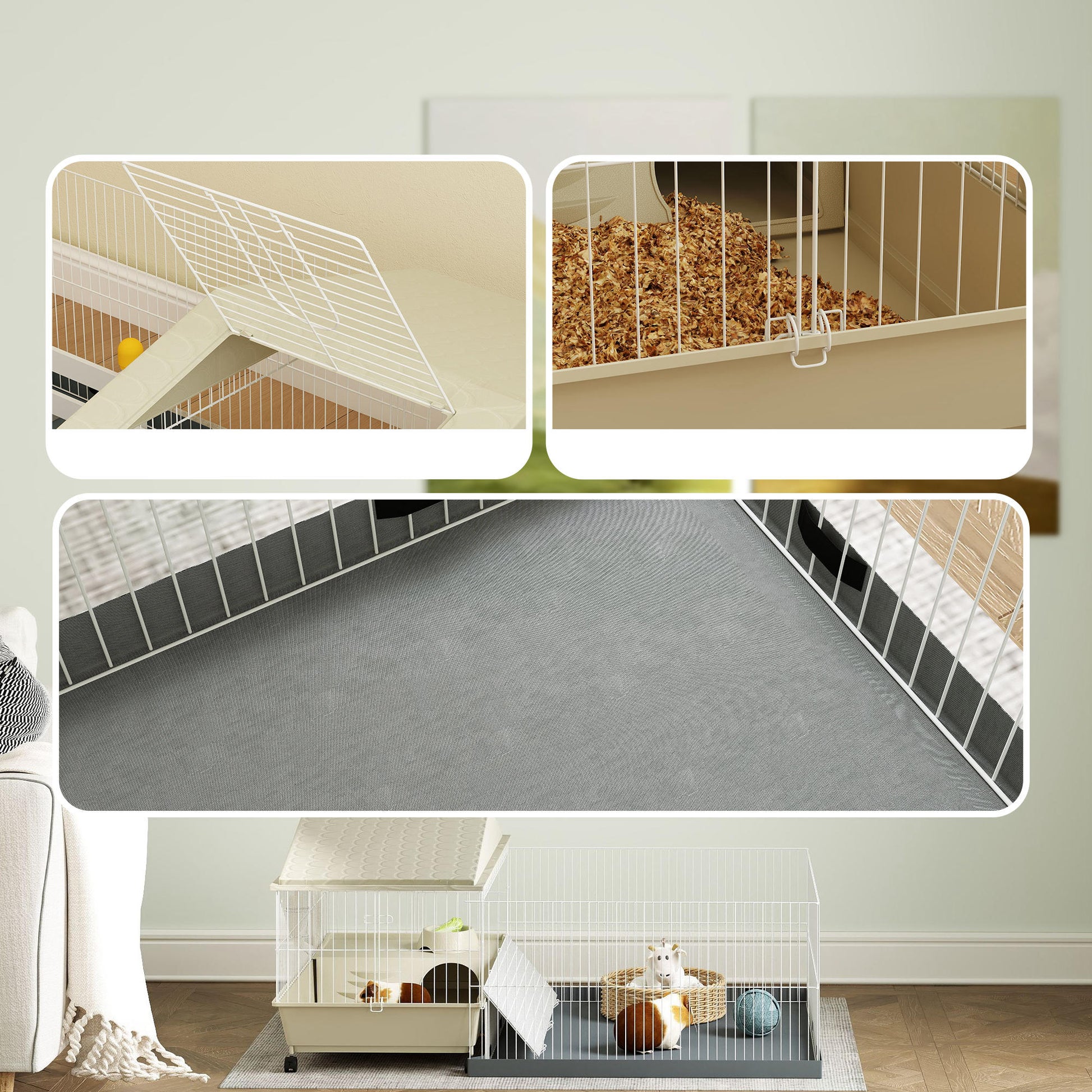 Pawhut Jaula Para Animales Pequeños Con Corral Desmontable 108x71x57 Cm Beige_3