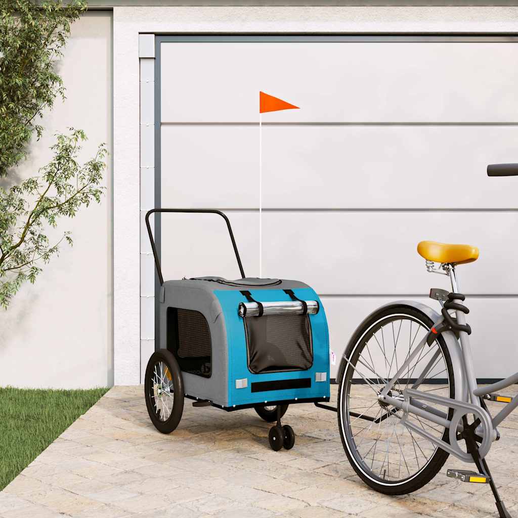 Remolque De Bicicleta Mascotas Hierro Tela Oxford Azul Gris_1