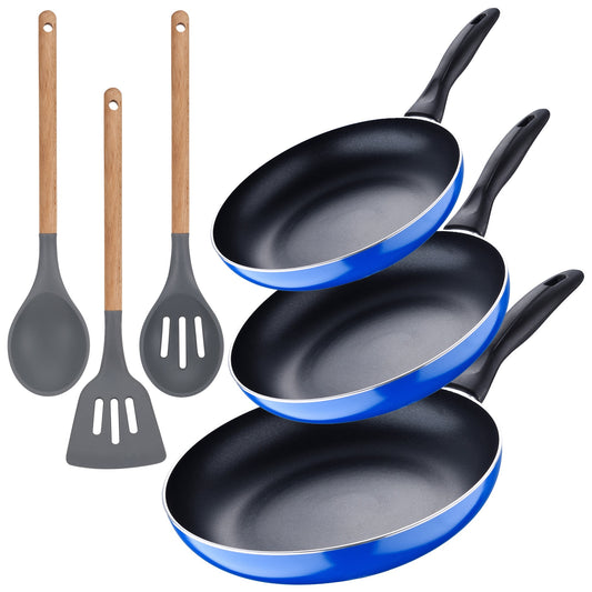 Set 3pc Sarten (16+20+24cm) Aluminio Prensado, Inducción, Azul Navy Paradise Con Set 3pc Utensilios De Cocina Silicona Madera