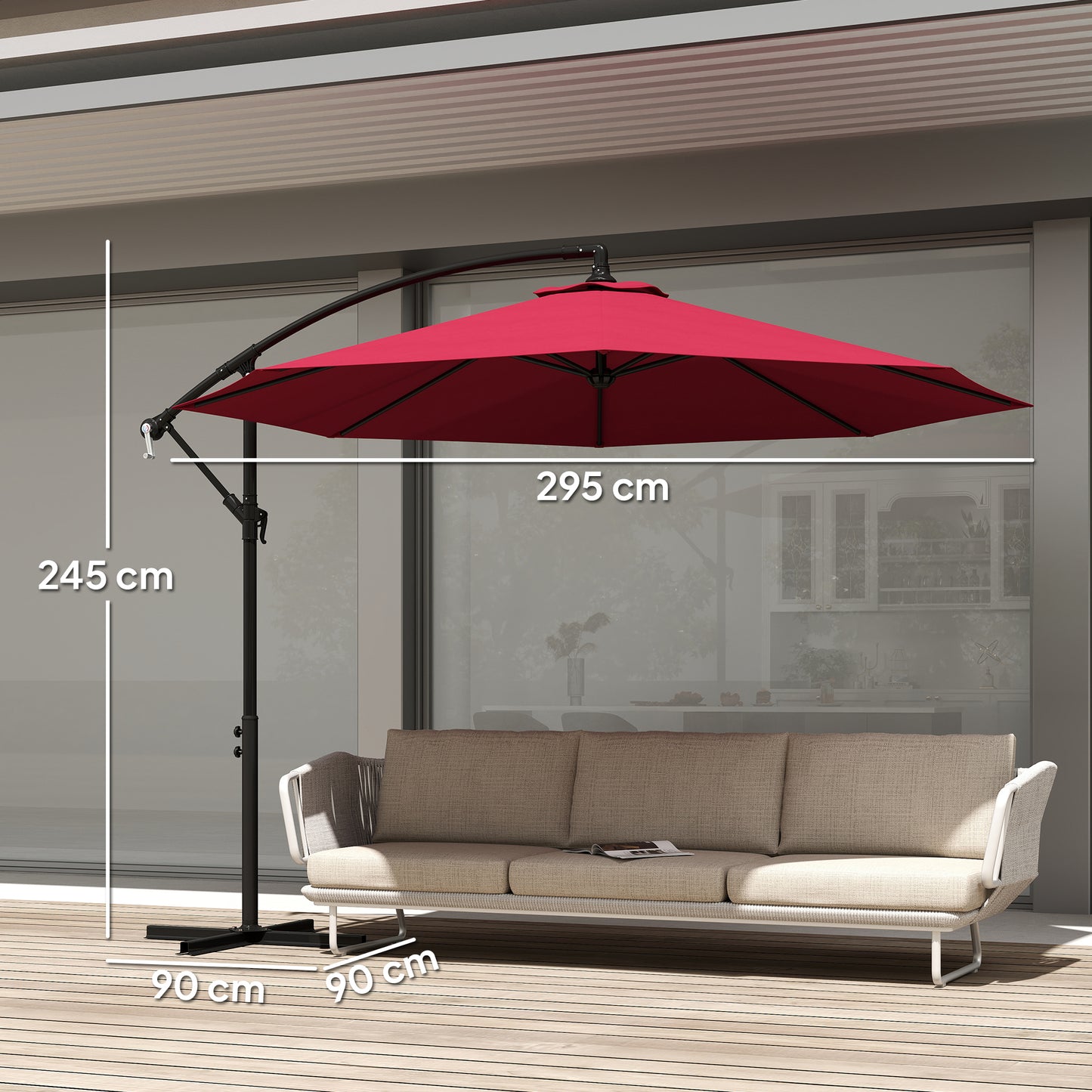 Outsunny Parasol Excéntrico Ø295 Cm Con Ángulo Ajustable Base Cruzada Granate_2