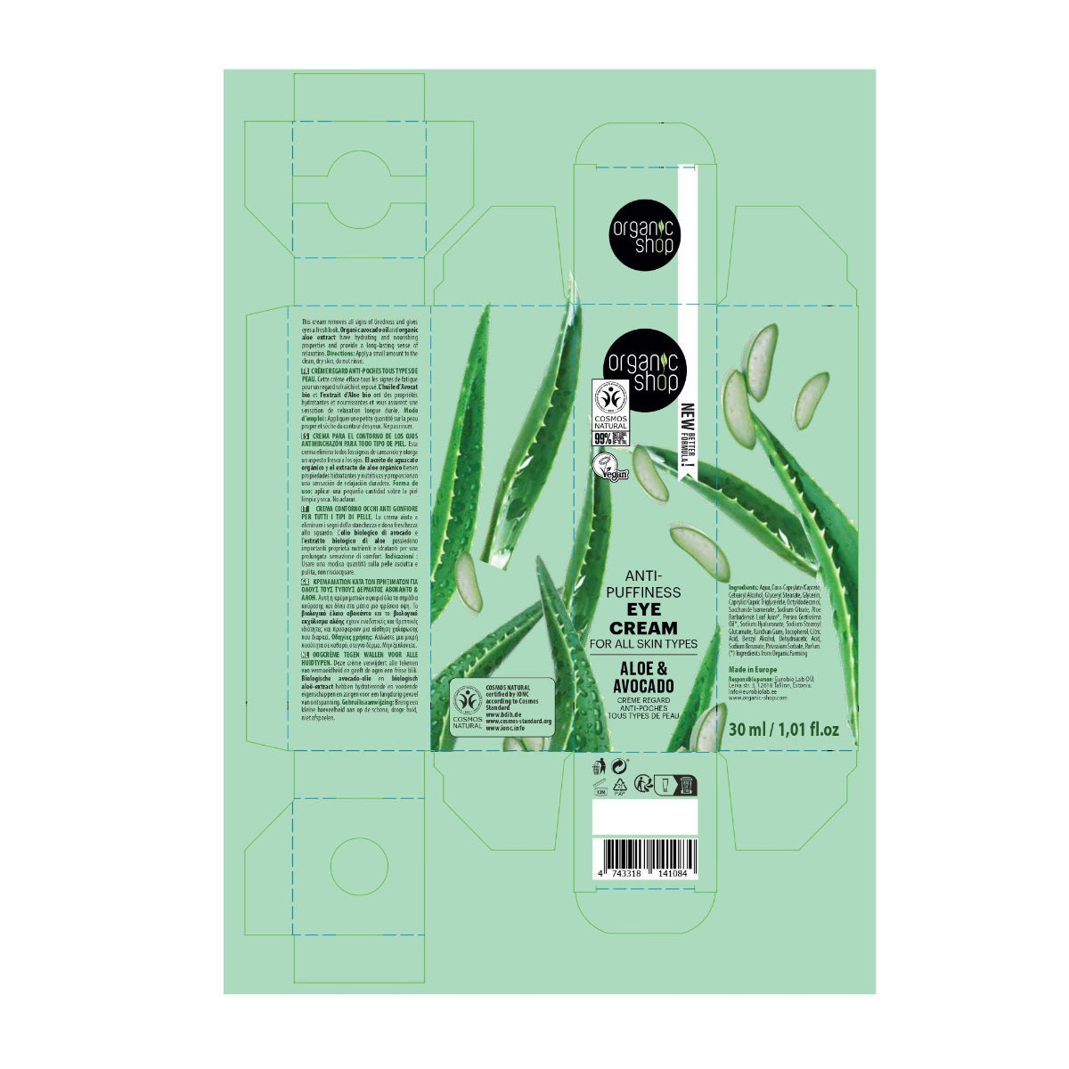 Creme anti-inchaço para os olhos com aloé vera e abacate, Organic Shop 30 ml