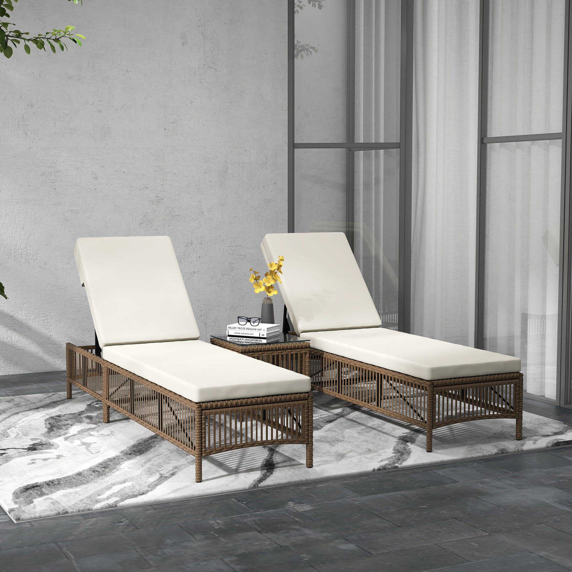 Outsunny Conjunto De 2 Tumbonas De Ratán Con Mesa De Centro Beige_1