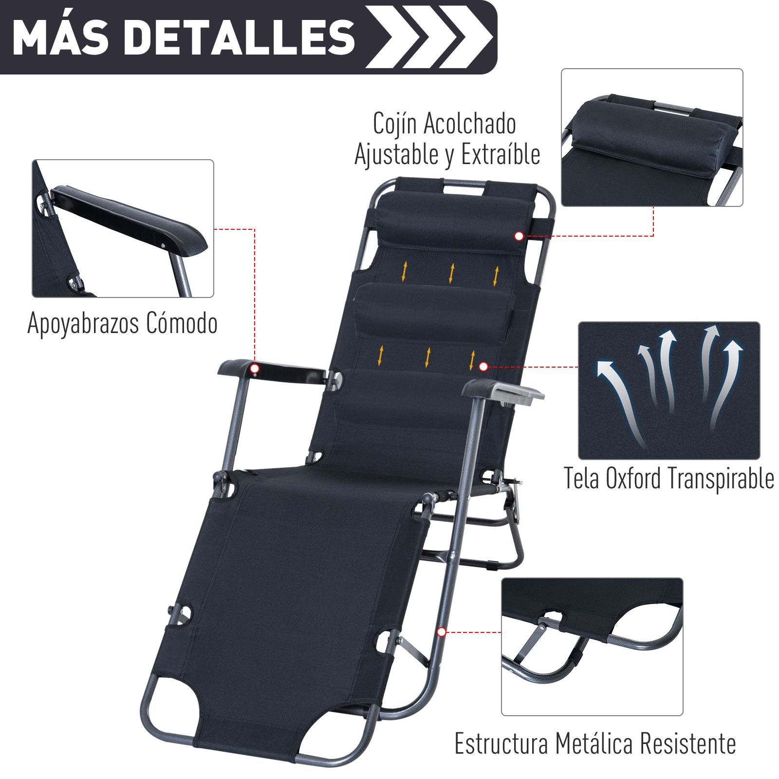 Outsunny Tumbona Reclinable Y Plegable Con Respaldo Ajustable 135x60x89 Cm Negro_5