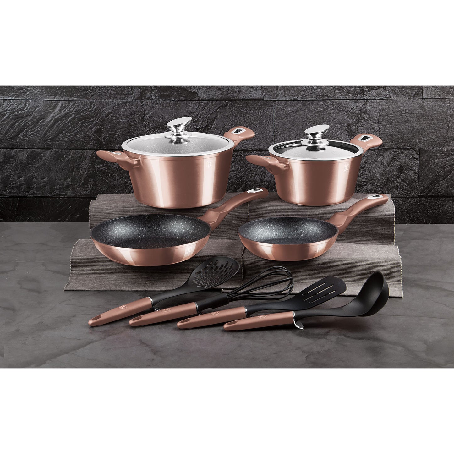 Batería Cocina Inducción 10 Piezas, Antiadherente Mármol Sin Pfoa, Aluminio, Cazuelas Sartenes Berlinger Haus Rose Gold Oro Rosado_1