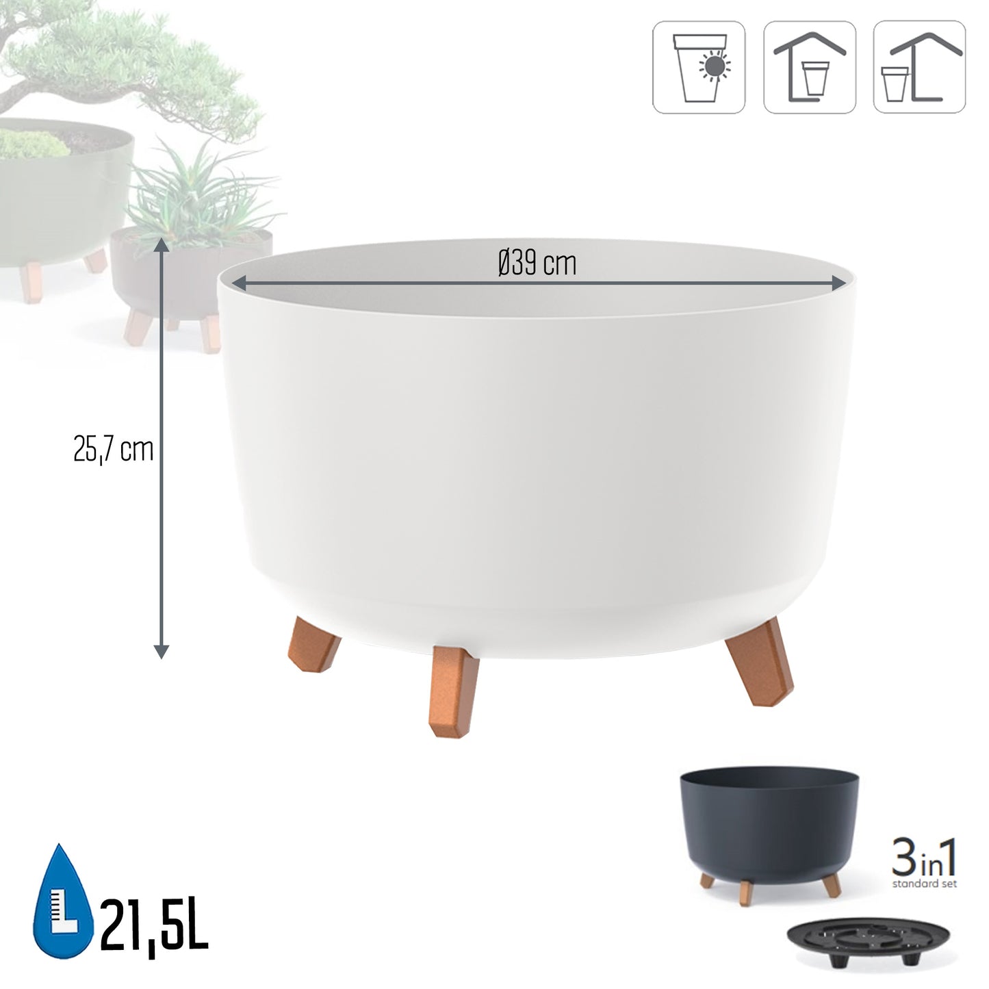 Macetero Color Blanco,sin Depósito , Colección Gracia De 39cm X 39cm X 25,7cm Cm, Capacidad De 21,5 L.