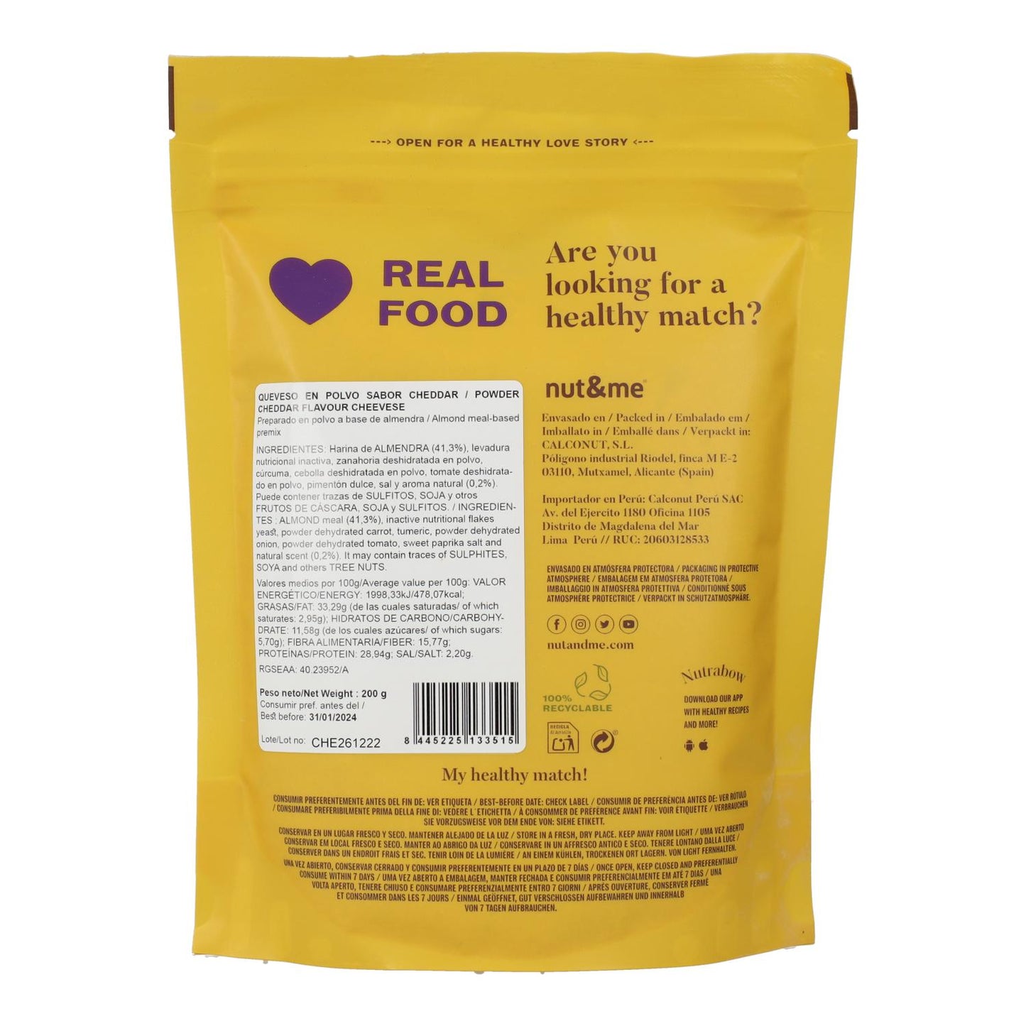 Queijo em pó vegan com sabor a cheddar Nut&amp;me 200g