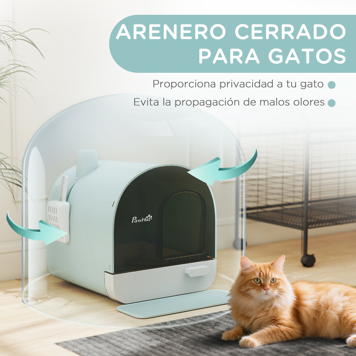 Pawhut Arenero Para Gatos Con Bandeja Extraíble Pala Y Alfombra 43x44x47cm Verde_4
