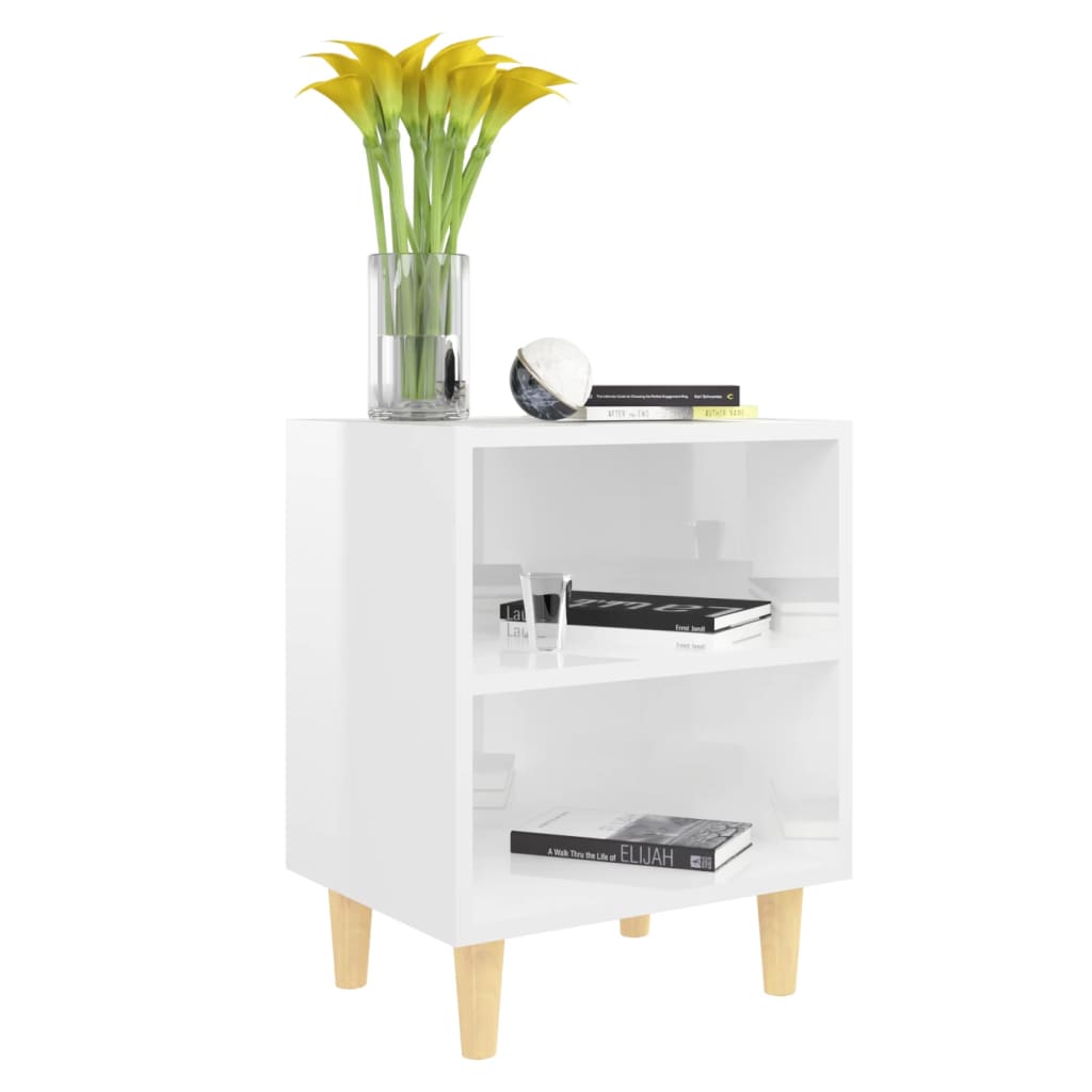 Mesita Noche Con Patas Madera Maciza Blanco Brillo 40x30x50 Cm_1