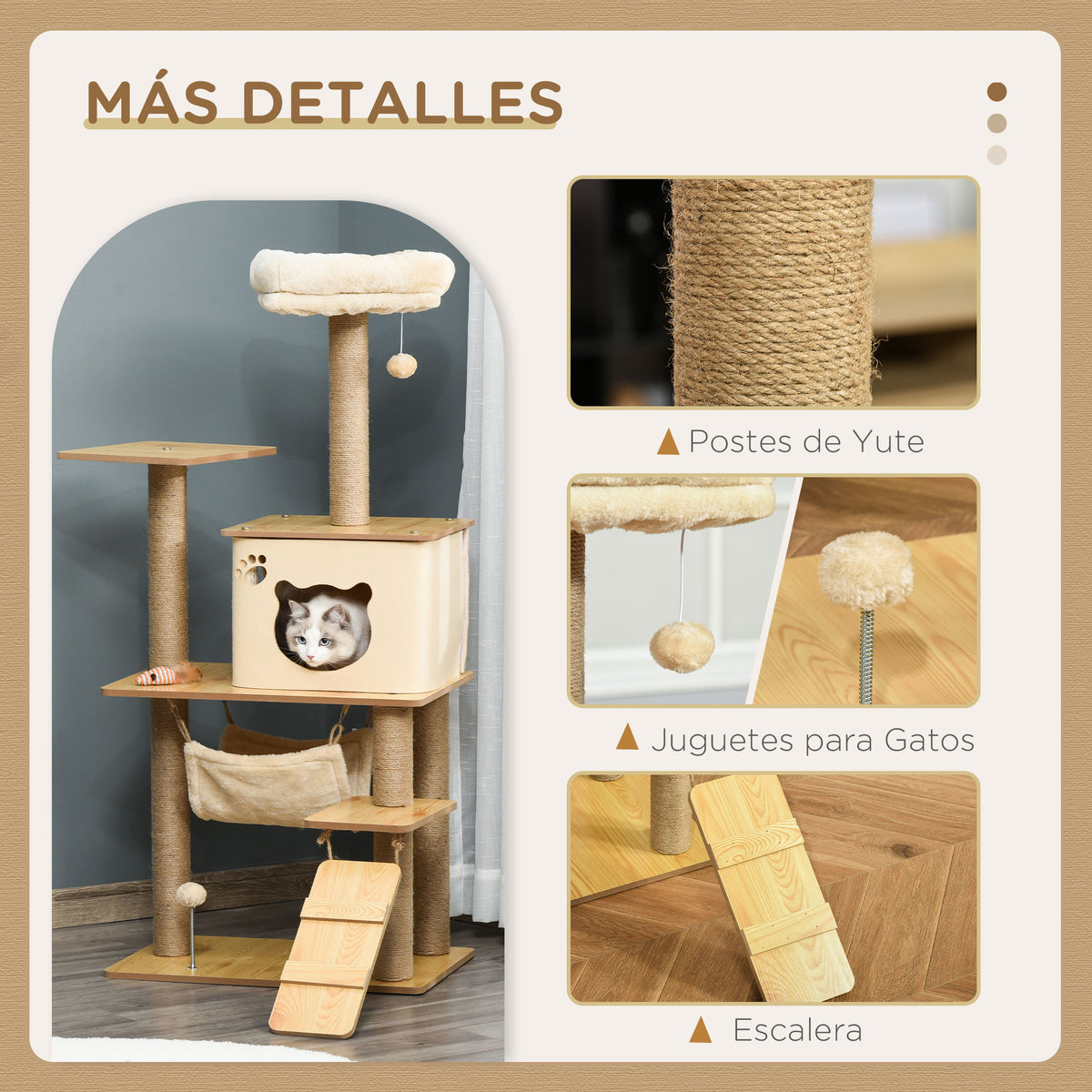Pawhut Árbol Rascador Para Gatos Con Plataformas Hamaca Escalera Cueva 60x40x130_4
