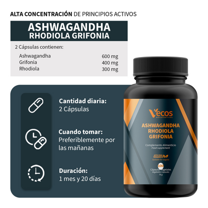 Ashwagandha Rhodiola Grifonia Vecos 100 Cápsulas | Estrés, Ánimo Y Equilibrio Diario | Con 5-htp_2