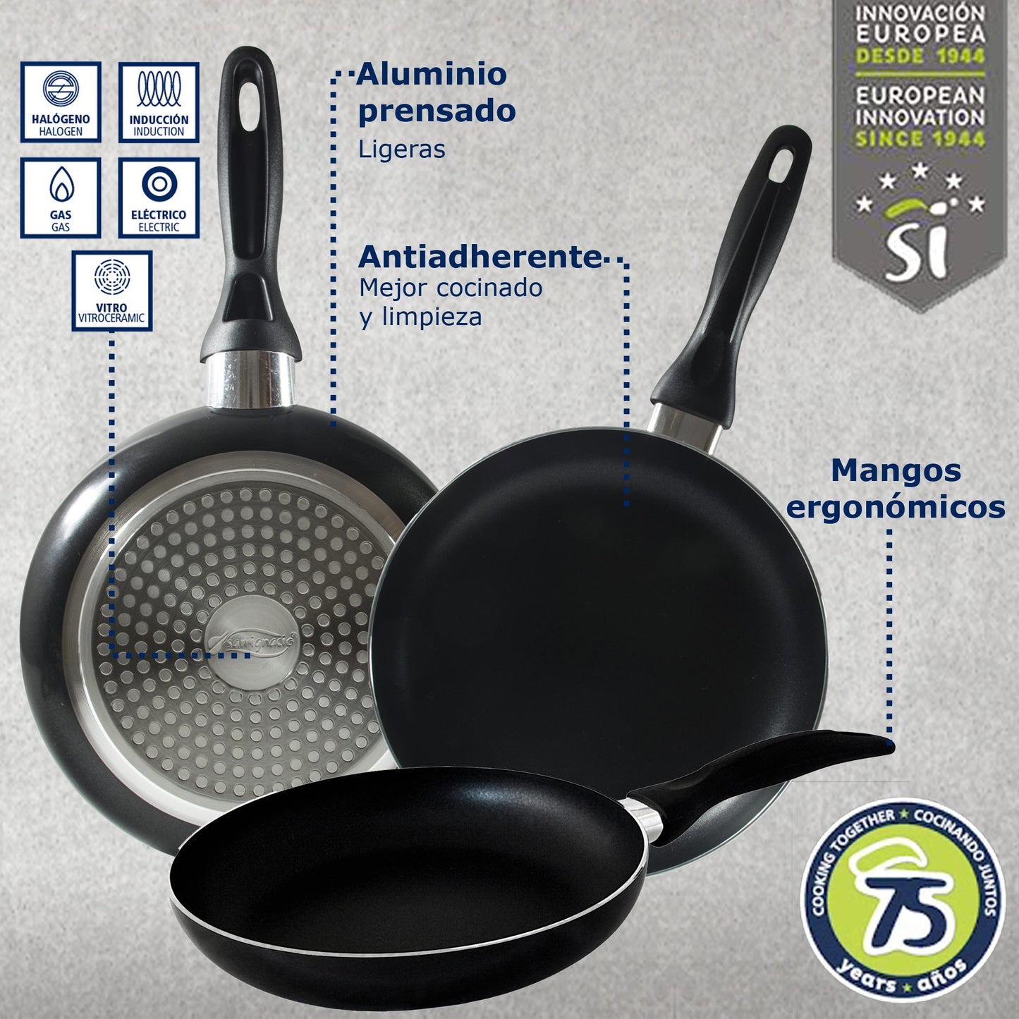 Set San Ignacio: Juego De Tres Sartenes +  Batería De Cocina 8 Piezas