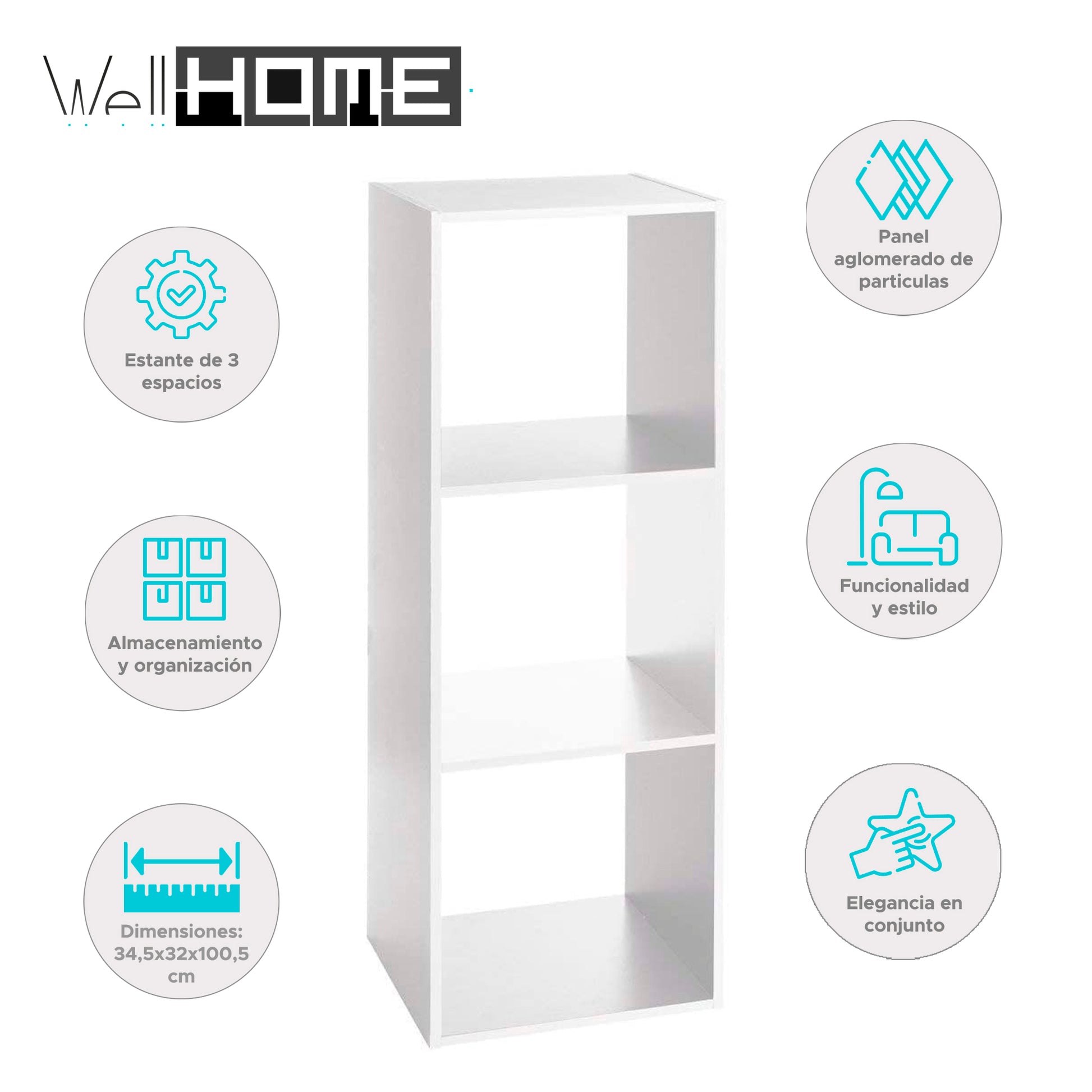 Wellhome Estantería Madera 3 Estantes Mezcla Natural Blanca_1