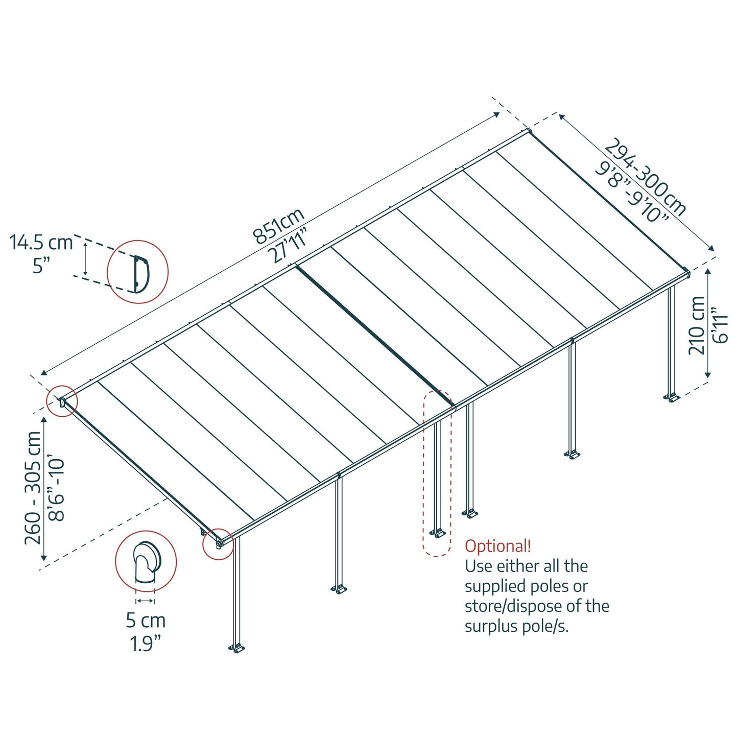 Pérgola anexa Feria 300x851 cm cinzento 