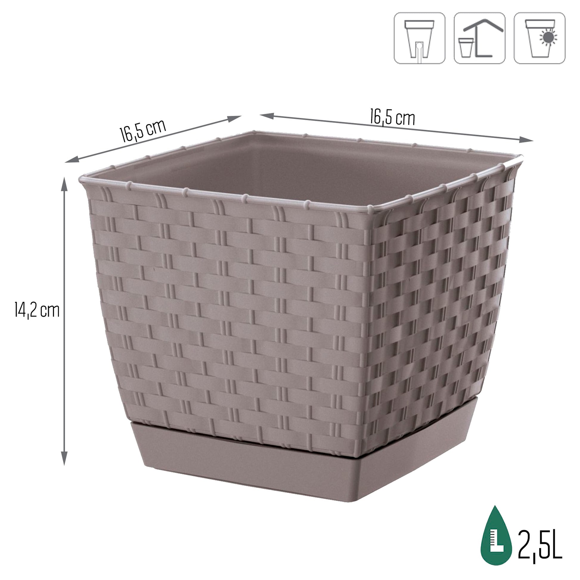 Maceta Ratolla Square 2,5l., Dimensiones (mm) 165x165x142, Color Mocca