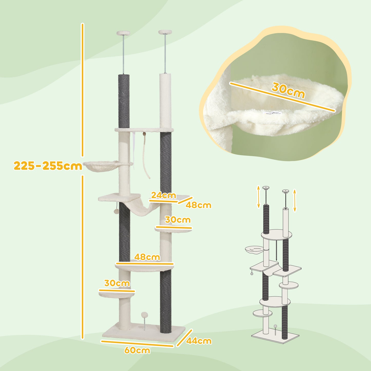 Pawhut Árbol Para Gatos De Suelo A Techo Con Altura Ajustable 225-255 Cm Crema_2