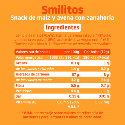 Smilito Milho, Aveia e Cenoura Multipack ECO Smileat 4 saquetas de 12g.