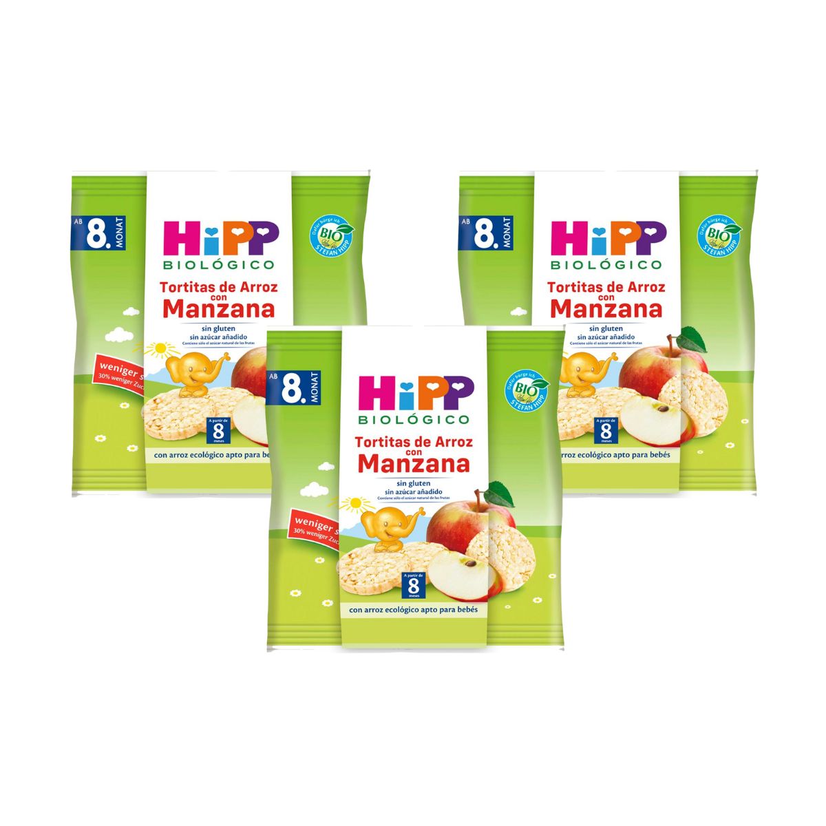 Pack de 3 bolinhos de arroz com maçã sem glúten biológico para bebé de +8 meses HiPP 30g
