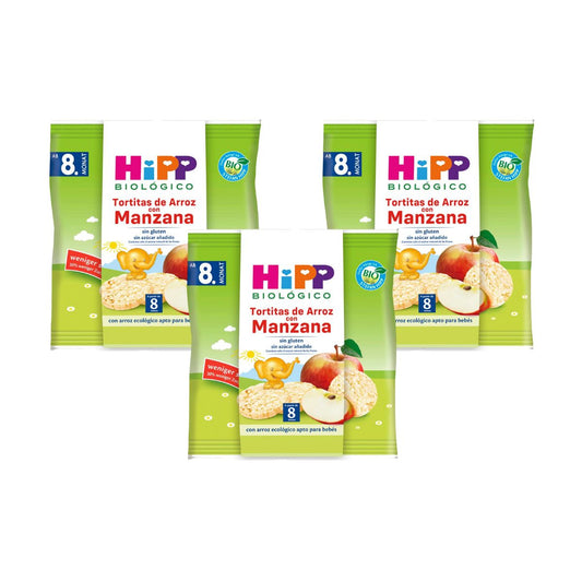 Pack de 3 bolinhos de arroz com maçã sem glúten biológico para bebé de +8 meses HiPP 30g