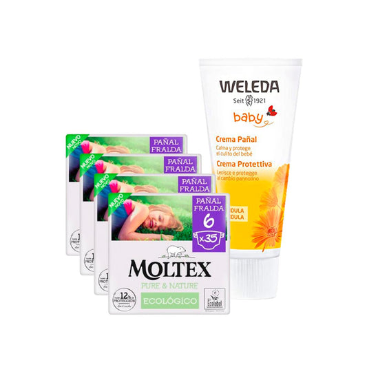PACOTE ESPECIAL Creme para Fraldas de Calêndula Weleda 75ml + Pacote de Poupança Fraldas Moltex Pure &amp; Nature T6 (17-28 kg) 140 Unidades