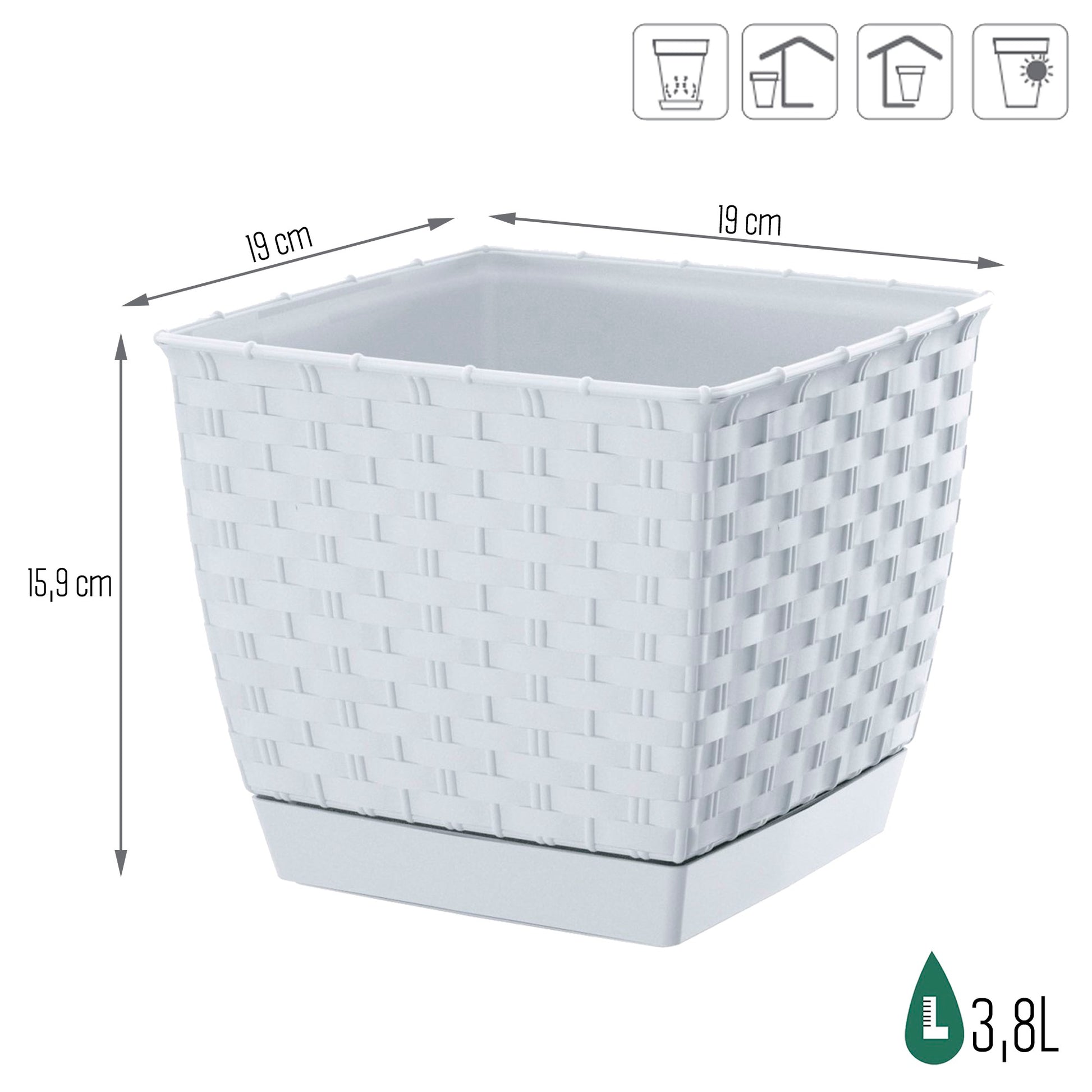 Maceta Ratolla Square 3,8l., Dimensiones (mm) 190x190x159, Color Blanco_2