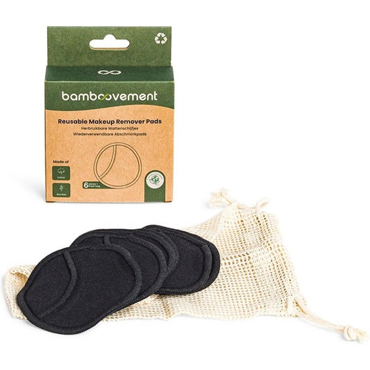 Discos desmaquilhantes de bambu e algodão pretos FSC. 6 unidades. Diâmetro aproximado de 8 cm.