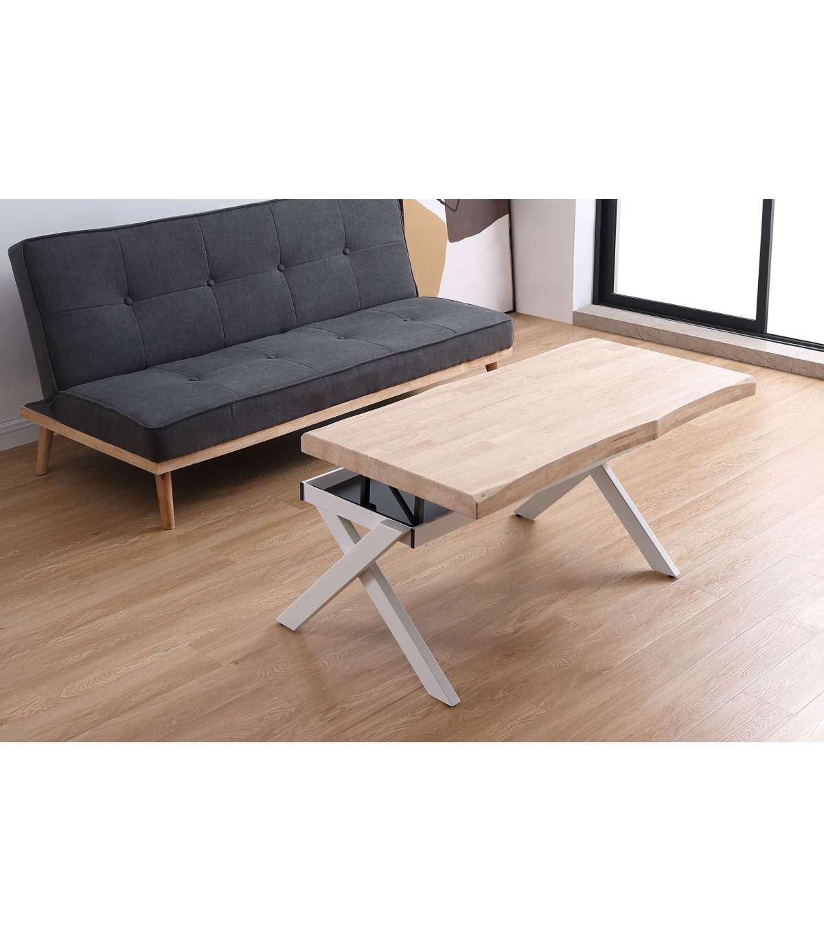 Mesa Centro Elevable Xena Tapa Con Forma Acabado Roble Nordish/blanco, 47cm(alto) 120 Cm(l_5