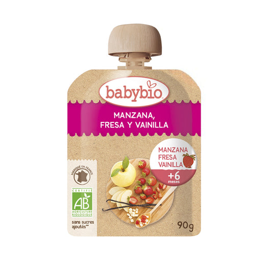Saquetas de fruta: Maçã, morango e baunilha, Babybio, 90g