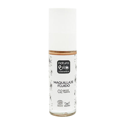 Maquilhagem Fluida 02 Bege Tarifa, Acabamento Impecável, Com Rosa Mosqueta e Manteiga de Karité, NaturaBio Cosmetics, 30ml