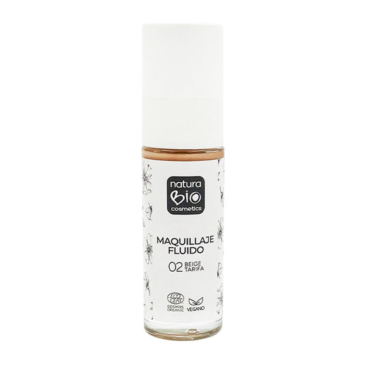Maquilhagem Fluida 02 Bege Tarifa, Acabamento Impecável, Com Rosa Mosqueta e Manteiga de Karité, NaturaBio Cosmetics, 30ml