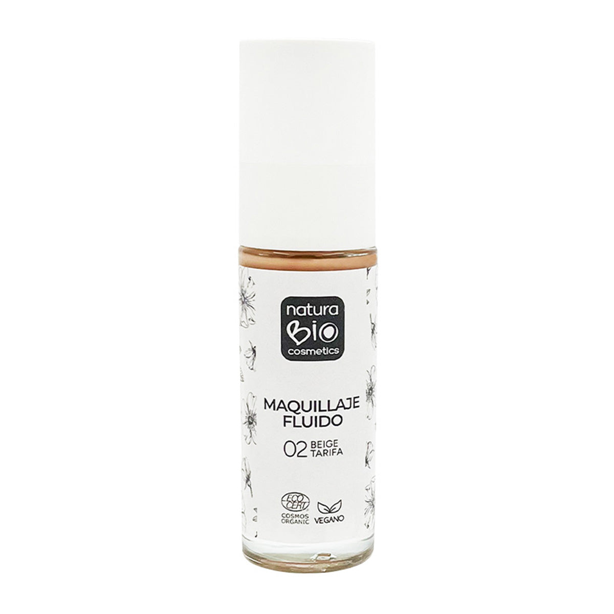 Maquillaje Fluido 02 Beige Tarifa, Acabado Impecable, Con Rosa Mosqueta y Manteca de Karité,  NaturaBio Cosmetics, 30ml