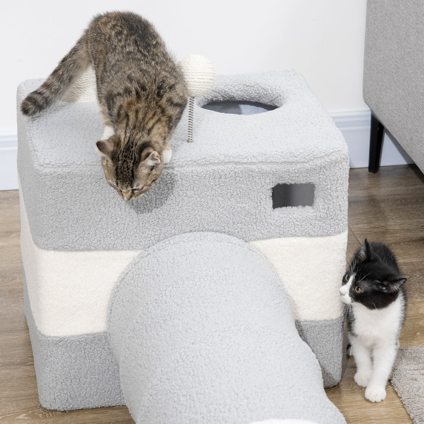 Pawhut Túnel Para Gatos Con Cueva Puerta Delantera Poste Sisal Bola 48x95x58 Cm_4