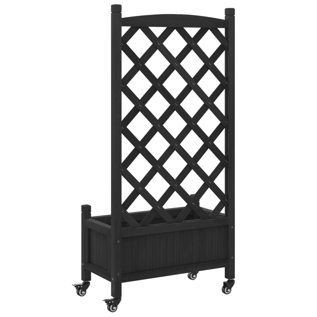 Jardinera Con Enrejado Y Ruedas Madera Maciza De Abeto Negro_5