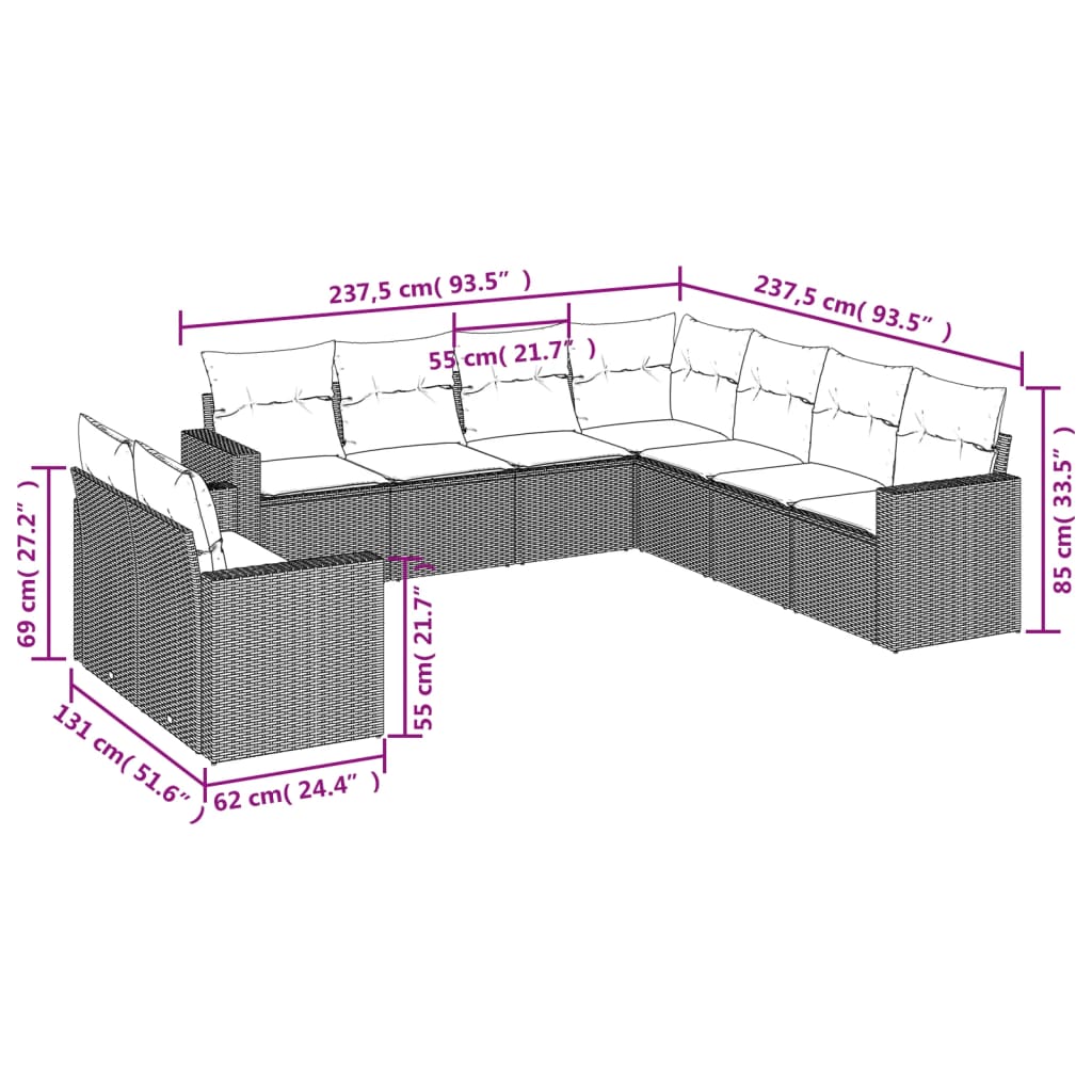 Set De Sofás De Jardín 9 Pzas Con Cojines Ratán Sintético Beige / Vetonek_1