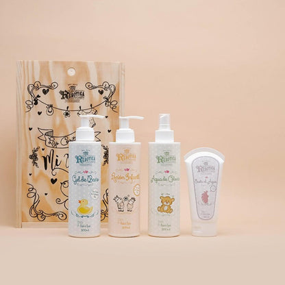 Caixa de oferta infantil em madeira: loção infantil, água de colónia infantil, pasta à base de água e gel de banho infantil Mi Rebotica