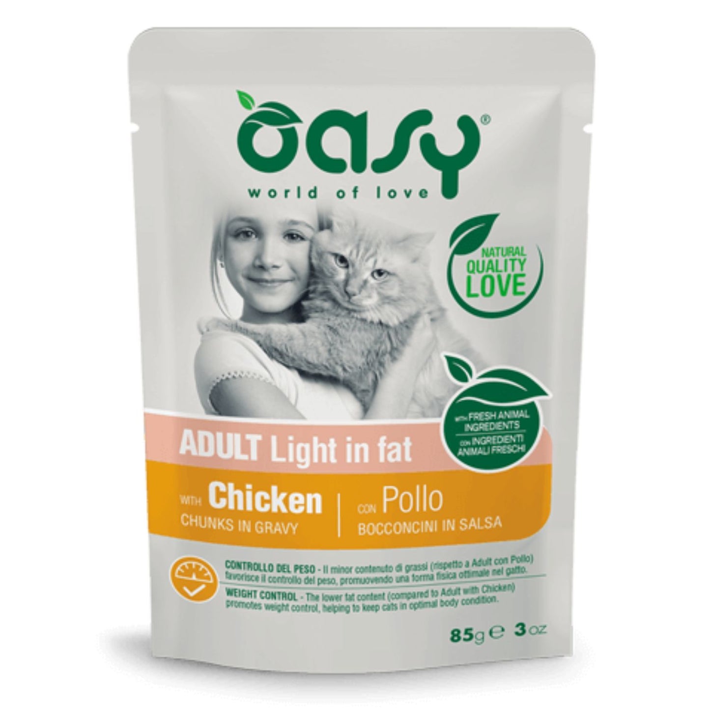 12 Sobres De Comida Oasy Trozos En Salsa Para Gato Adulto De Pollo Light 12x85g_0