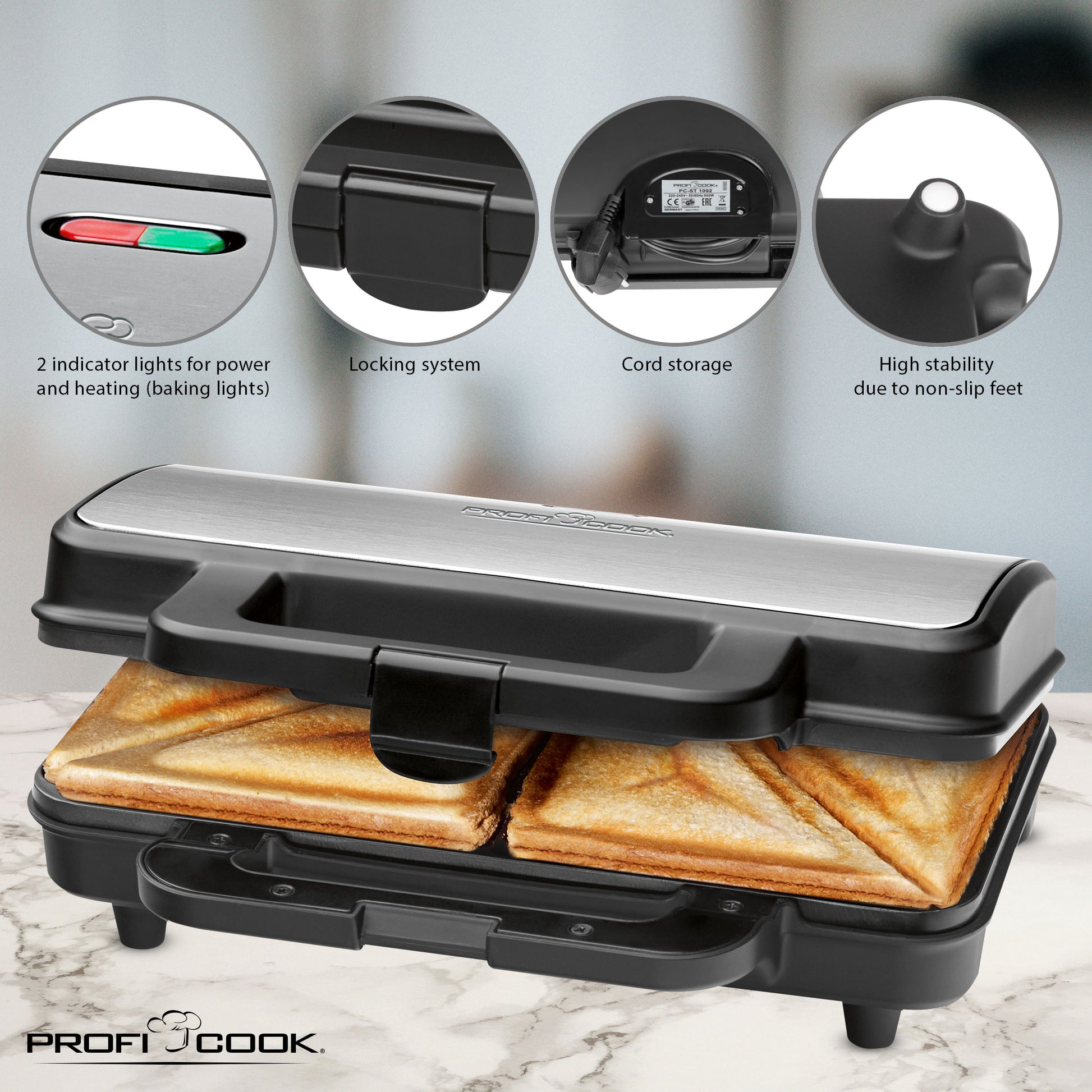 Sandwichera, 2 Sandwiches Xxl, Placas Antiadherentes, Tostado Perfecto, Acero Inoxidable Proficook St 1092 900w_2