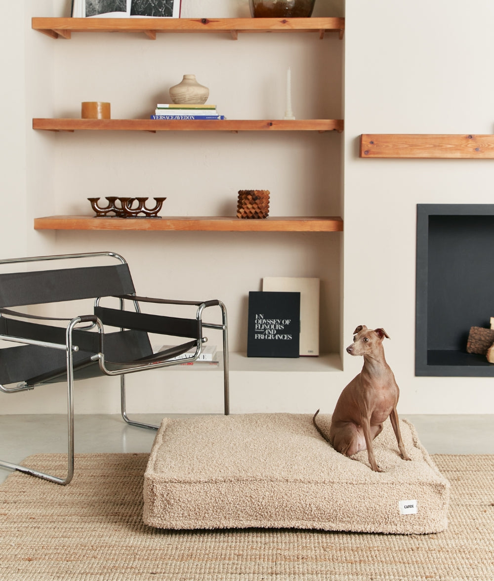 Cafide Cama De Material Reciclado Para Perro Con Tejido Estilo Borreguito Beige. Modelo Cuadra._2