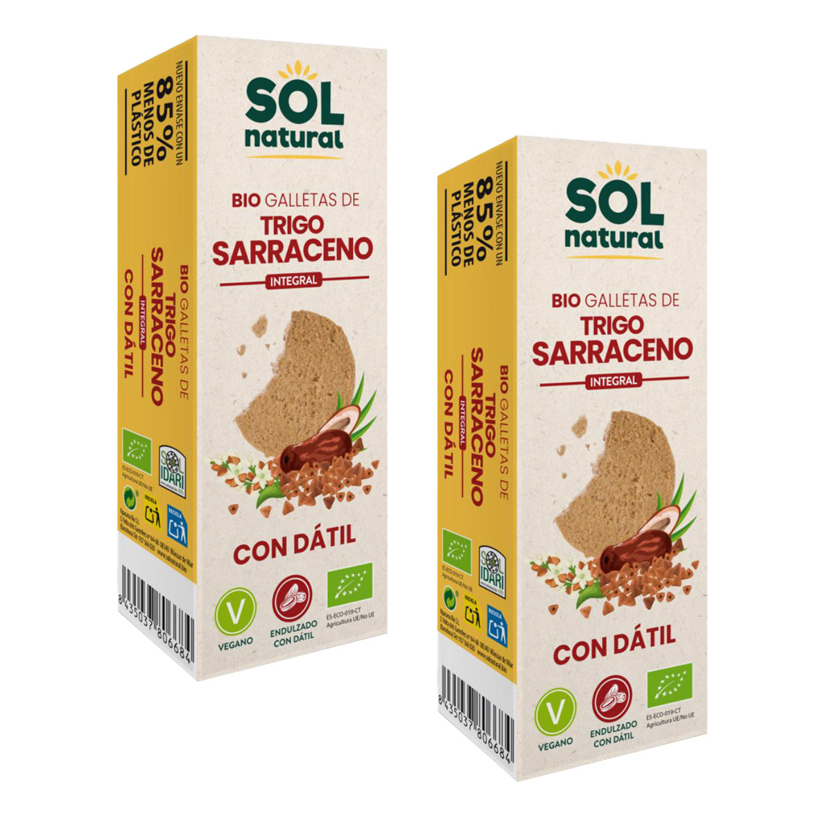 Embalagem de 2 biscoitos de trigo sarraceno integral biológicos Sol Natural adoçados com tâmaras, 170 g