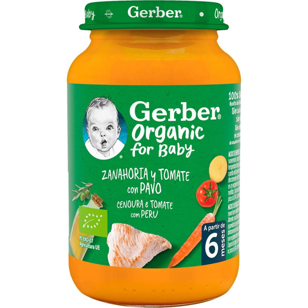 Puré de bebé biológico Gerber com cenoura, tomate e peru 190g