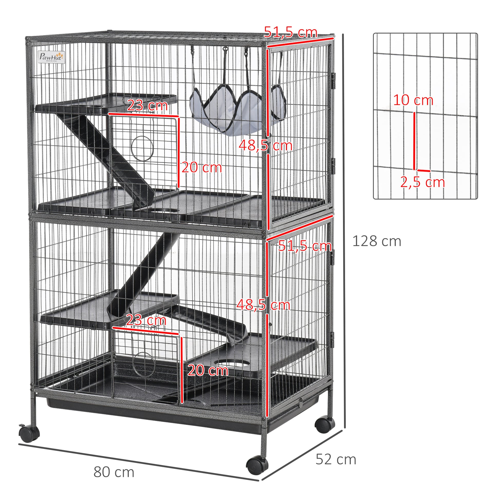 Pawhut Jaula Grande Para Roedores 80x52x128cm Con 4 Pisos Rampas Hamaca Bandeja_2