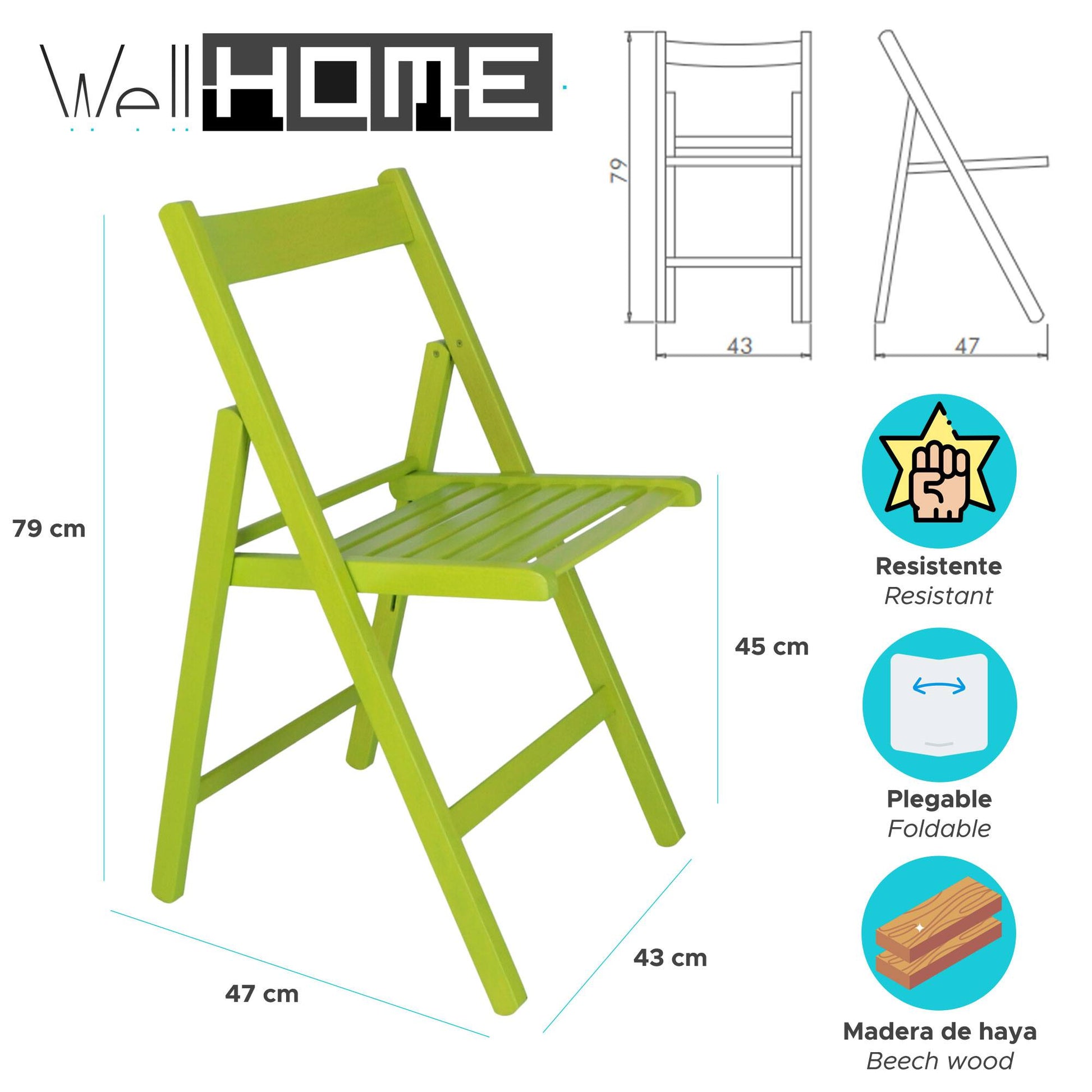 Well Home Mobiliario & Decoración - Pack 4 Sillas Bas En Madera De Haya, Acabado Verde_1