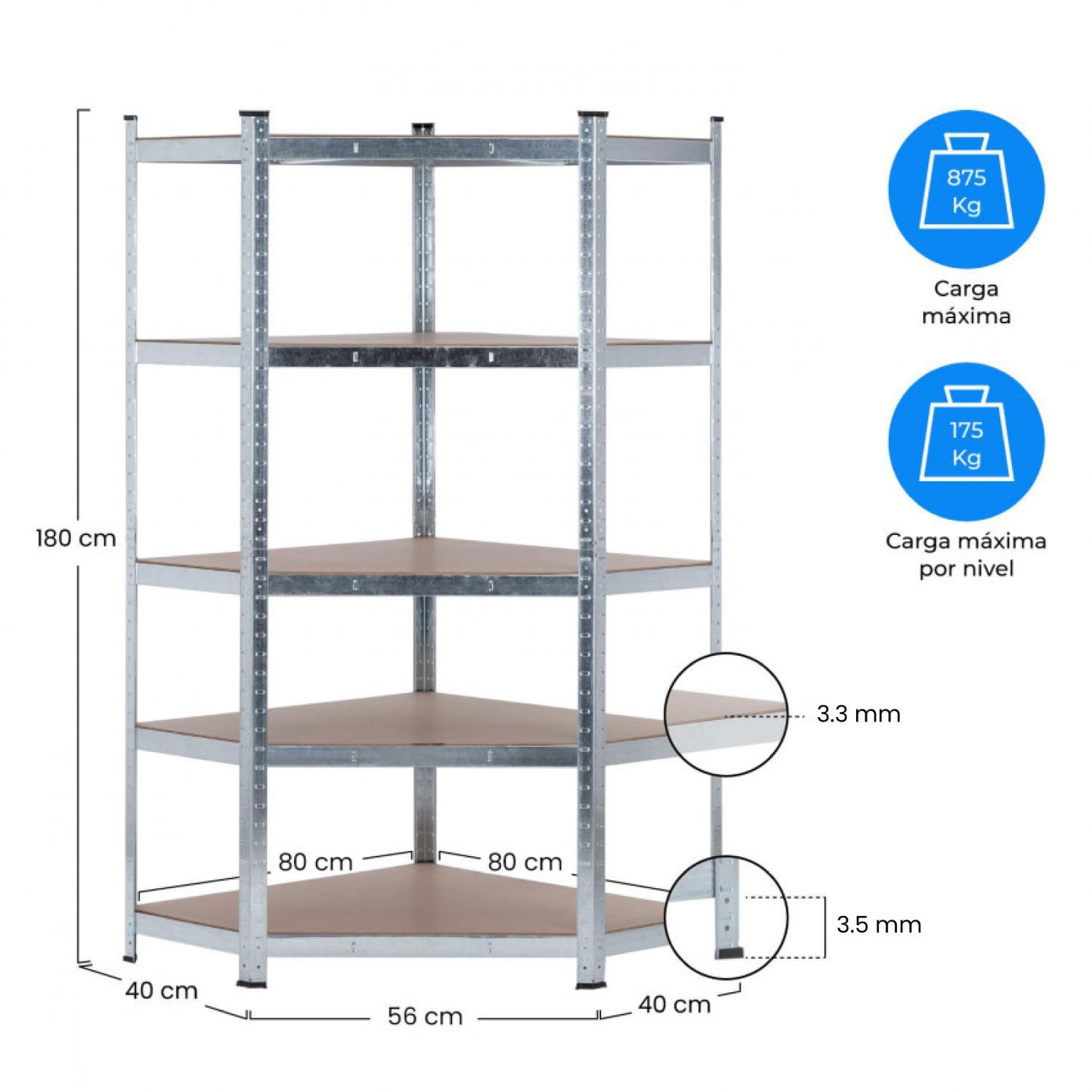 Estantería Esquinera Modular 5 Baldas Ajustables 180x80x40x56cm 875kg O91_5